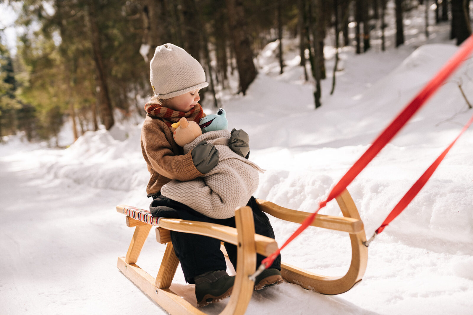 A family toboggans down a snowy forest track.
