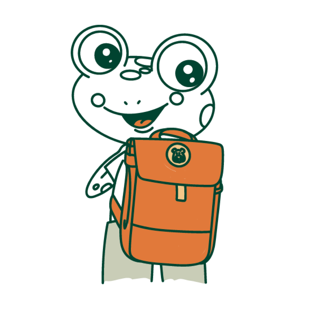 Unki — a green frog with a sunrise-orange backpack, ready for the day.