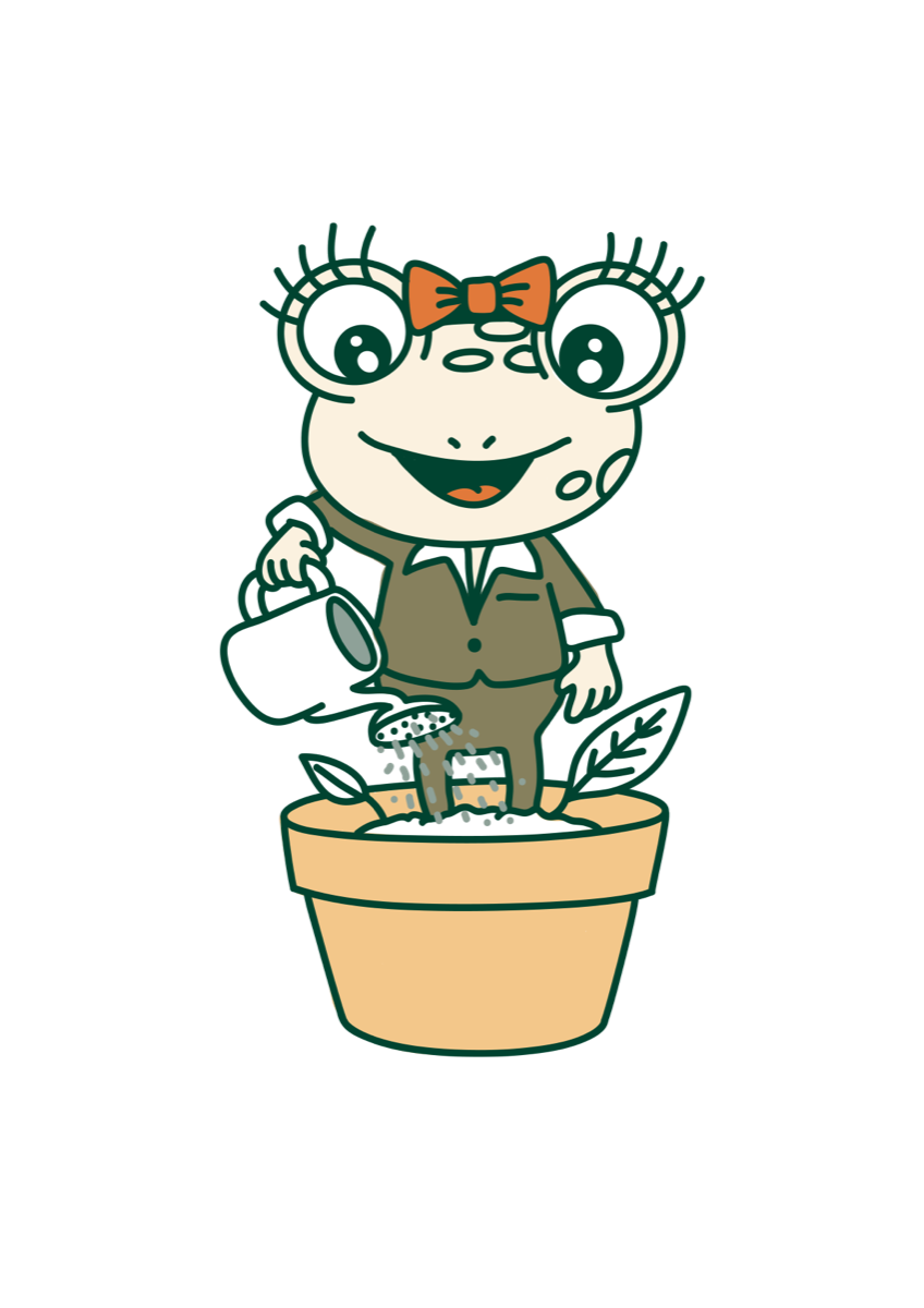 Unkine — Unki's sister, a green frog with eyelashes and a sunrise-orange bow, also watering plants.